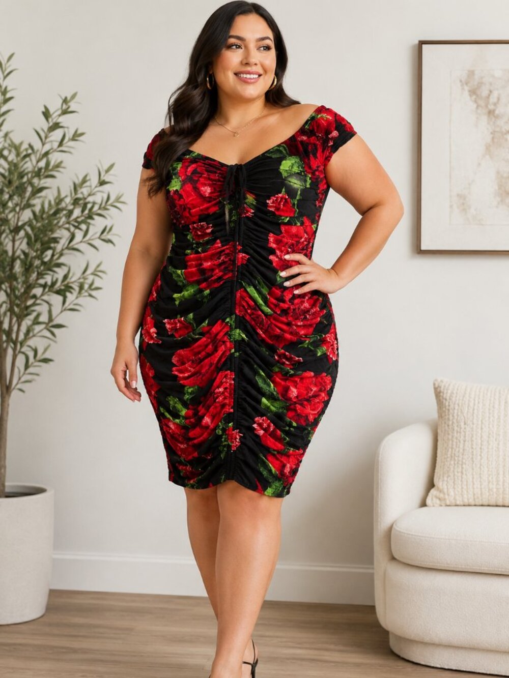 Forever 21+ Dress Black Red Rose Floral Ruched Off Shoulder Bodycon Stretchy 3X